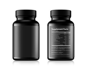 Realistic black bottle mockup. Front and rear view with sample text. Vector illustration isolated on white background. Perfect for medical, cosmetic, pharmacy products. EPS10.	