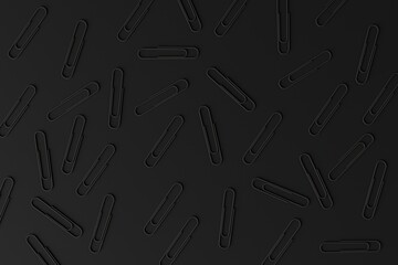 Dark office paper clips on a dark background. Concept of office work, creativity. 3d render, 3d illustration.