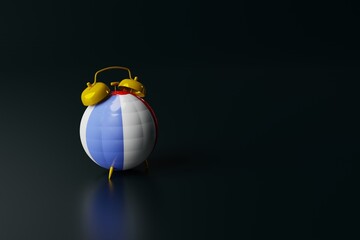 An alarm clock clock built with a beach ball on a dark background. Concept of vacation time, planning a trip, vacation. 3d render, 3d illustrator