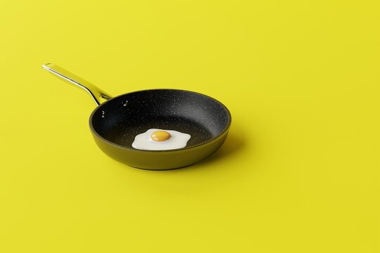 Pan with a fried egg on a yellow background. The concept of preparing a dish with egg, frying an egg in a pan. 3d render, 3d illustrator