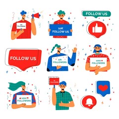 Smiling people celebrate large number of followers on social media. PSet of signs for successful strategies. Blogging concept, influencer marketing, network promotion, SMM banner, landing page.