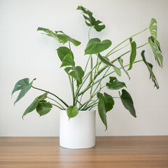 Monstera split leaf plant in white planter pot