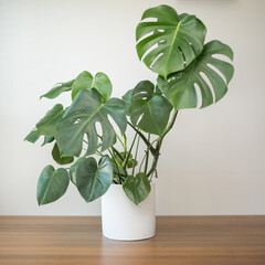 Large Monstera deliciosa in white planter pot