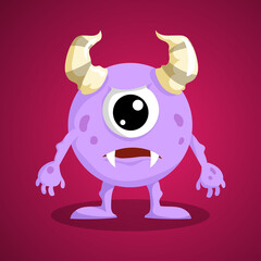 Cartoon cute monster. Horned, one eyed disappointed creature. Cyclops looking character. Vector illustration.