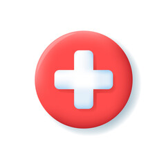 Red circle button with white plus. First aid, Health care, emergency help icon. 3d realistic vector illustration on white background.