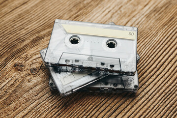 Tape cassettes. Magnetic cassette tapes. Retro music style. 80s music party. Vintage style. Analog...