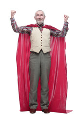 confident older man in a superhero Cape.