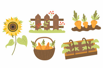Obraz na płótnie Canvas Collection of agriculture, farming. Garden bed, greenhouse with plants, carrots in ground, wicker basket with vegetables, sunflower and wooden fence with berries and grass. Vector illustration.