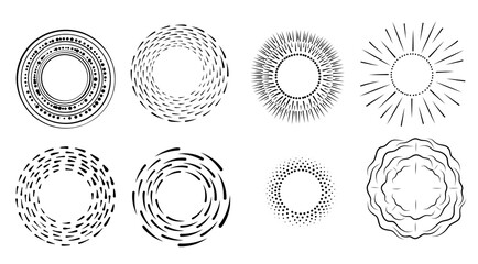 A hand-drawn set of sunburst shineray and sparkle. Circular flash of the sun, stars. Abstract circles, rays. Dots and lines. The style of the doodle sketch. Vector illustration