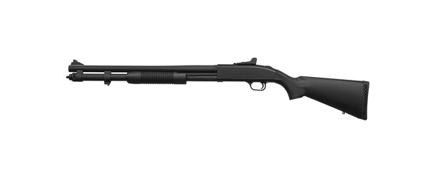 Pump-action 12 gauge shotgun isolated on a white back. Close-up shot of part of a shotgun. A smooth-bore weapon with a plastic stock.