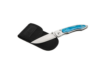 Pocket folding knife isolate on white back. Compact metal sharp knife with a folding blade.