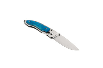 Pocket folding knife isolate on white back. Compact metal sharp knife with a folding blade.