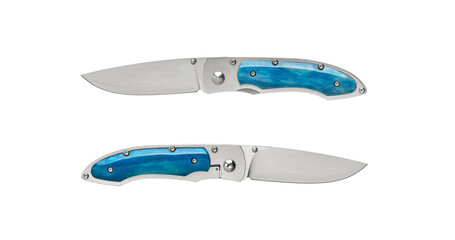 Pocket folding knife isolate on white back. Compact metal sharp knife with a folding blade.