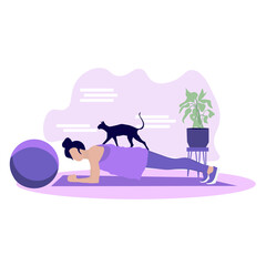 Sporty young woman with cute cat training at home