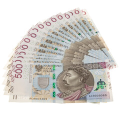 pięćset polskich nowych złotych w nowych banknotach na białym tle - 515263547