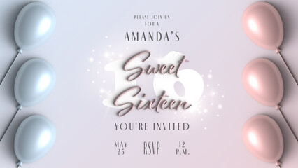 Invitation card design for Sweet 16 party celebration. Banner with pink balloon, pastel colours background, 3d. Birthday party announcement