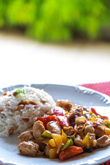 checkered chicken, typical Chinese food served with chicken and peppers, peanuts and rice