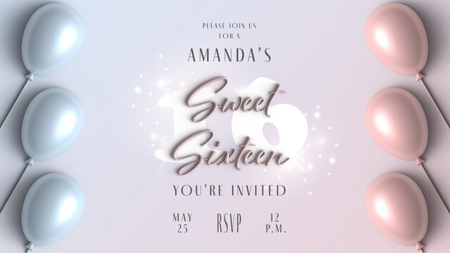 Invitation card design for Sweet 16 party celebration. Banner with pink balloon, pastel colours background, 3d. Birthday party announcement