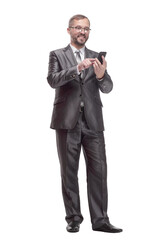 Fototapeta premium Executive business man with a smartphone. isolated on a white background.