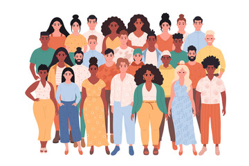 Fototapeta premium Crowd of different people of different races, body types. Social diversity of people in modern society. Hand drawn vector illustration