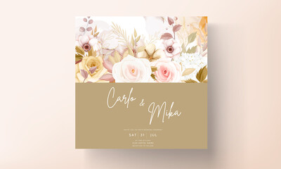 Floral wedding invitation template set with elegant brown flower leaves