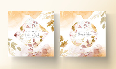 Floral wedding invitation template set with elegant brown flower leaves