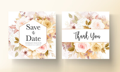 Fototapeta na wymiar Floral wedding invitation template set with elegant brown flower leaves