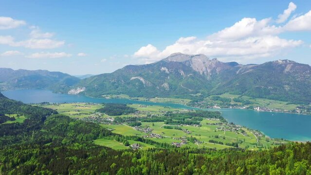 Lake Wolfgang, Wolfgangsee and Schafberg Mountain in Salzkammergut. Scenic aerial panorama of the famous lake in Austria.