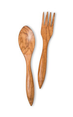 Wooden fork and knife isolated on white background.