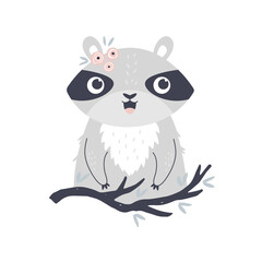 Vector illustration of a funny raccoon. Cute composition with adorable animal.