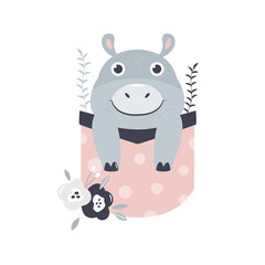 Vector illustrations of a cute little hippo sitting in a little pocket