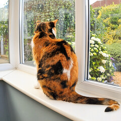 Life through the window, beautiful calico cat looks at the garden through the window, sitting on the window sill, no doubt wishing she was outside having fun.
