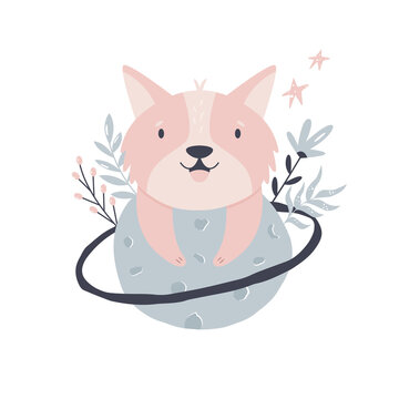 Vector illustration of an adorable corgi on a planet. Cute composition with a funny animal.