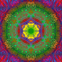 multicolored filigree radial kaleidoscopic design