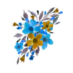 Fototapeta na wymiar Watercolor floral bouquet, blue wildflower. Leaves and branches, wedding design, isolated on white background