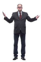 in full growth. serious business man with a smartphone.