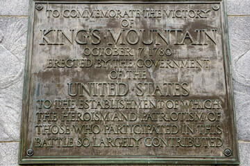 Close up of the plaque on the Kings Mountain Monument, South Carolina