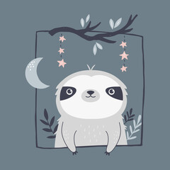 Vector illustration of a funny sloth. Cute composition with adorable animals