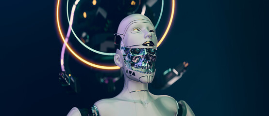 Cybernetic brain cyborg face futuristic robotic head concept art of artificial intelligence network with copyspace. © willyam
