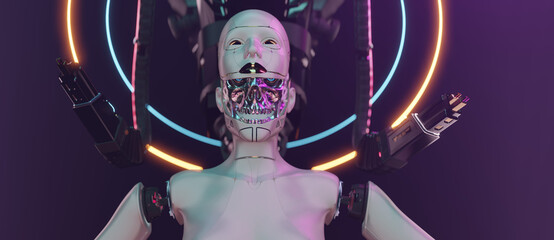 Cybernetic brain cyborg face futuristic robotic head concept art of artificial intelligence network...