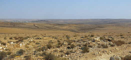 panorama of the nullity of the desert with a few dry shrubs and very hot rocks in the Middle...