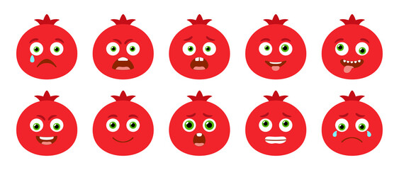 Fototapeta premium Emoticon of cute Pomegranate. Isolated vector set