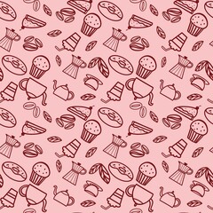 Coffee related items red colour doodles on pink background