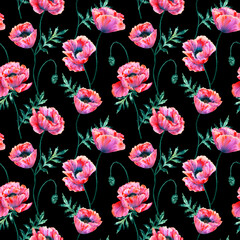 Floral seamless background. Pattern with beautiful watercolor poppy flowers. Botanical hand drawn illustration. Texture for print, fabric, textile, wallpaper.