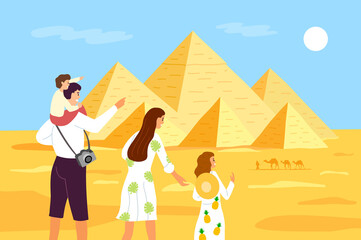 Fototapeta premium Pyramids of Egypt. A family of tourists looks at the Egyptian pyramids. Pyramid of Cheops in Cairo, Giza. Egyptian stone structures. Vector illustration