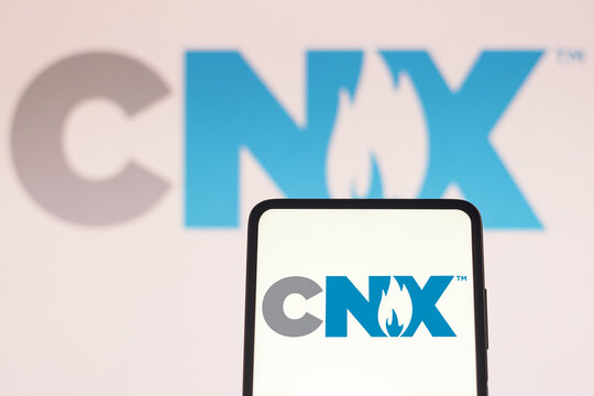 July 5, 2022, Brazil. In this photo illustration, the CNX Resources Corporation logo is displayed on a smartphone screen and in the background.