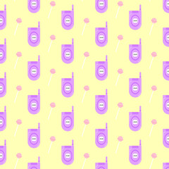 Y2k old mobile pattern. Old purple mobile phone and pink lollipop on yellow background. 2000s retro pattern. Template for design. Vector illustration in flat style.