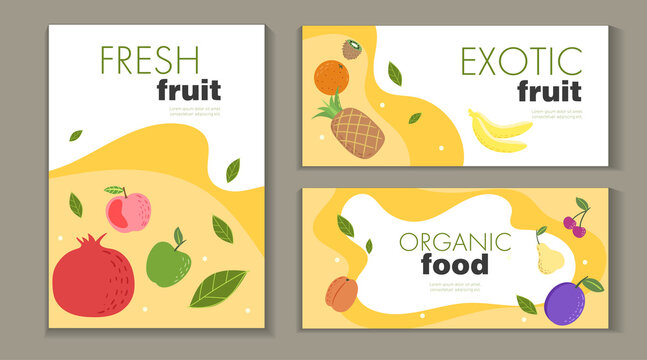 Fresh fruit design templates set. Banners with flat hand drawn fresh local and exotic fruit. Best for market posters, flyers and menu designs. Vector illustration.