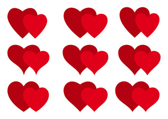 Hearts icons set. Flat double red elements wich text greeting wedding card. Romantic holiday symbol love Valentine Day. Heart decorative graphic design shape isolated vector illustration