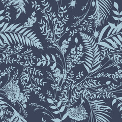 Monochrome seamless pattern with silhouettes of branches and leaves of a fern for summer textiles of women's dresses and clothes in natural shades